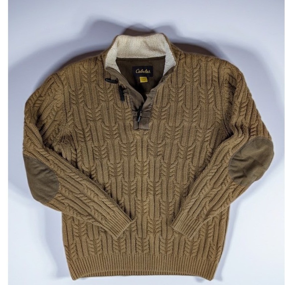 Vintage Cabela's Fisherman Cable Knit Toggle Sweater Men's L Brown Elbow Patches